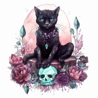 hand drawn black cat, sitting with front paw resting on a skull, flowers and crystals, shades of burgundy purple and teal, romantic and edgy, very detailed and realistic, watercolor, clipart style