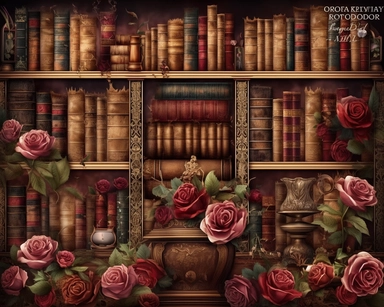 Royal Steampunk ClipArt, background paper, wall paper style, library, rows of books and wooden bookcases, roses, Watercolor Steampunk PNG, Victorian Clipart, Fantasy Clipart, deep reds and burgundy's