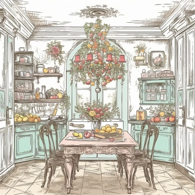 fairytale, highly detailed elegant old french provencial kitchen, bright pastel colors, dark wood table with fresh bread, rococo, shabby chic style, rose vines, soft pastel color accents in room, watercolor, thick black outlines, contour, vector, white border around image, clipart, seed 2175770636