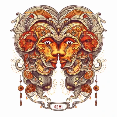 old style fire gemini zodiac, vector design illustration, in the style of detailed heavy metal embroidery, hand-painted details, Horoscope Clipart, isolated white background