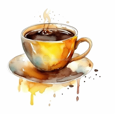 illustration of a cup of coffee, watercolor, add embeliishments, stylized, beautiful, artistic, coffee, clipart, isolated on white background