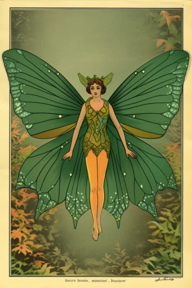 Vintage 1920 Symmetrical Fully Clothed Female Fairy with Large green Wings on its back Illustration, Chromolithograph, 1920s Illustration, Vintage, Antique, Ephemera, Clipart, 8k, on a vintage magazine cover