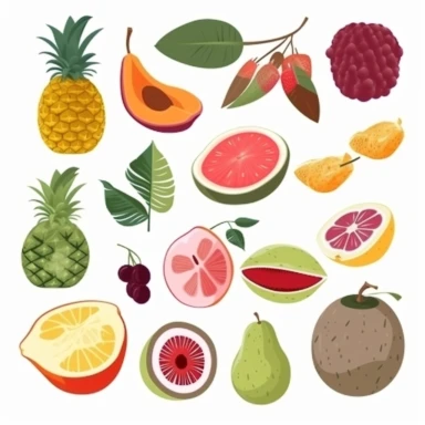 tropical fruits, white background, children book, clipart style