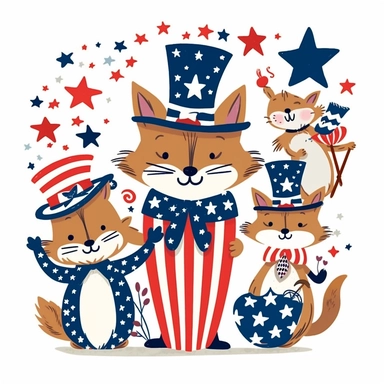 clip art featuring a group of animals decked out in patriotic attire, engaging in various festive activities. A clever fox wears a stars-and-stripes top hat, while a bunny holds a mini American flag, and a squirrel juggles red, white, and blue balls. The cheerful expressions on their faces radiate happiness and joy, symbolizing the inclusive nature of this national celebration.