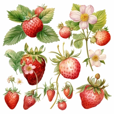 Clipart, beautiful combination with delicious strawberries, strawberries with leaves and flowers, summer, fresh, watercolor paints, isolated objects on white background, digital rich, beautiful combination, high quality, 8K-Q2-S750