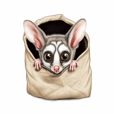 A clipart of a sugar glider peeking out from a small pouch, showcasing its large, curious eyes, all on a white background.