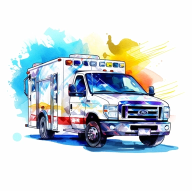 watercolor clipart Ambulance in action driving fast with blue lights flashing white background clear outlines