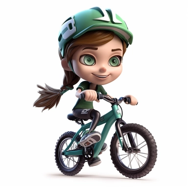 cute young chibi girl riding a mountain bike downhill in action, smiling, full body, downhill bicycle clipart, Sport graphics, 16k polished, isolated on white background, 3d, rendered by pixar
