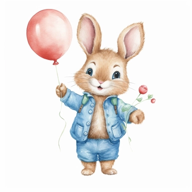 Watercolor svg clipart of a cute cartoon adorable Peter rabbit holding a blue balloon kawaii animal, illustration by Beatrix potter , pastel pink jacket, png isolated on white background