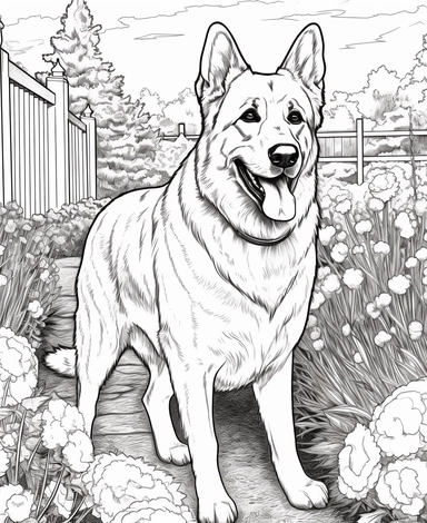 Expert coloring page style German Shepherd Dog breed Clipart, realistic, simple Japanese Garden background, simple line art, line is crisp and clean, easy to color