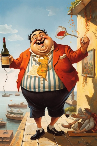 Cartoon, rich man, fat clipart, narrow clothes, luxury gold watches, laughing cheerfully, hands holding red wine bottles, a little drunk, talking nonsense, staggering roads and oil paintings