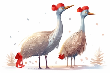 Cute Sandhill crane in christmas Day clipart, cartoon, white background,