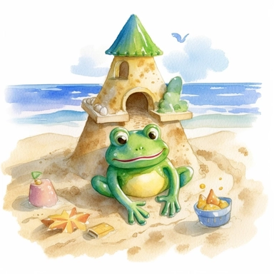 Create a watercolor illustration clipart of a playful cute Frog Making Sand Castle on the beach, with its full body visible. Use soft, flowing brushstrokes and a warm, inviting color palette to create an image that is both charming and whimsical. Incorporate intricate details like the motion of the Frog Making Sand Castle on the beach to create a lifelike, realistic image. Can add other elements to the illustration like related item to play to create playful scene. Use white background to allow 