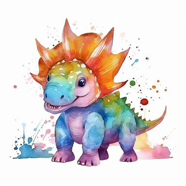 watercolored clipart with triceratops, funny and friendly, goofy, silly and playful dinosaur, colored, white background