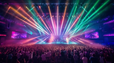 Party with amazing light show. Stage in the background, 50 people dancing in front of the stage. Main color = RGB #006F73. Secondary color = RGB #FAA61A. Tertiary color = RGB #C72E23. Seen from 20 meters distance. 70mm lens on Sony a7Riii. 2D clipart graphic. Simplistic. Realistic shadows.