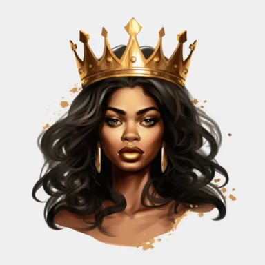 black dark-skin women with long natural hair wearing a golden crown staring straight forward with big shiny lips, clip art