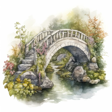 watercolor, hyper realistic, white background, white margins, 16k, ultra detailed clipart, cut out image, hand-drawn an enchanted bridge with a moss-covered stone archway and delicate flowers growing along the edges of the bridge.