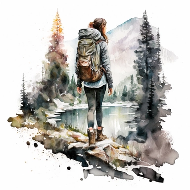 water color girl hiking in Austria between high mountains in winter, there is snow, she is wearing boots and backpack, realistic look, with trees at yellowstone park, clipart, hd, white background