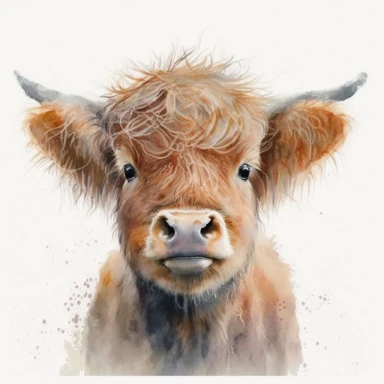 Cute head of a baby highland cow, adorable, watercolour clipart, absolutely nothing in the background just a white plain background, long hair, light colours