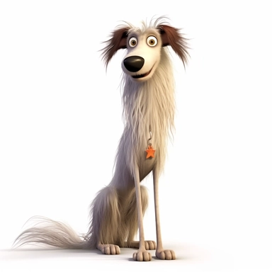 a very skinny dog with frizzed out hair, crazy looking expression, exceptionally funny, full body image, pixar style, clipart, white background,