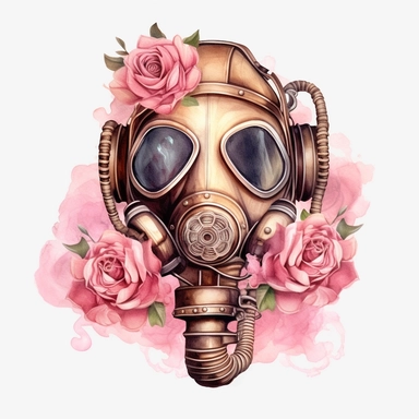 Steampunk style pink detailed gas mask with watercolor effect,pink roses,high resolution,unrealistic fantastic,white background,suitable for digital cliparts,fantastic scene,high quality