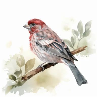 a single watercolor house finch sitting on a leafy branch clipart, hd, white background, spaced out