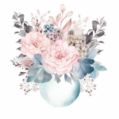 minimalistic and filigree watercolor clipart of a beautiful Dreamy soft pink and light blue flower arrangement for wedding cards, white background, seperated