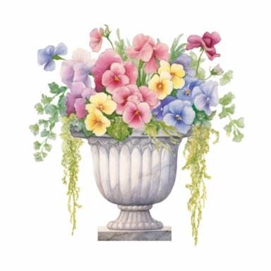 Design a dreamy watercolor clipart of an asian Stone planter with a Bouquet of fresh and dewy flowers such as lilies, roses, and hydrangeas arranged in a refreshing and crisp design composition, hand-painted with soft and graceful brushstrokes. Draw inspiration from the artistic finesse of Ethereal Petals Watercolors for a refined and ethereal depiction. isolated on a white background, hand-drawn illustration, hand-painted watercolor texture, 16k UHD resolution, intricately detailed, sharp focal