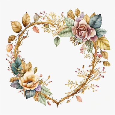 Watercolor Valentine Heart Wreath, gold frame, Clipart