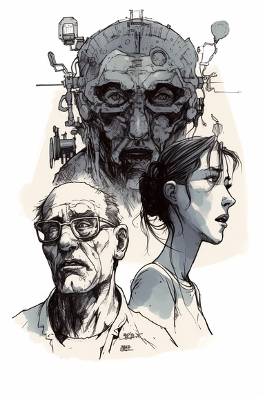 minimalist ink clip-art with heavy outlines concept art of three sci-fi character half portraits overlaping. older technic man on the bottom left is stressed, screaming in despair. a nice woman doctor in the centre looks like she is getting an idea. humanoid robot face on the top right is looking victoriously into the fugure, ready to solve any issue. exaturated expressions, muted minimal colors, heavy outlines, white paper background