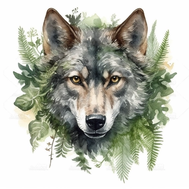 highly detailed glossy watercolor clipart,wolf head surrounded by green ferns, on white background