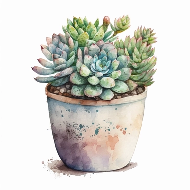 watercolor cute succulent blooming potted in a clay pot, white background, clipart