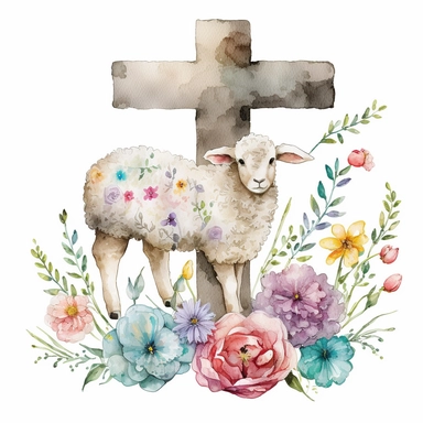 watercolor Easter cross, cute lamb with two ears and four legs, flowers, Easter element, clipart, on white background