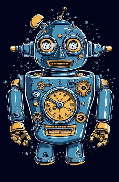 flat vector clipart illustration of a toy robot that has buttons and a clock on it, in the style of dark sky-blue and silver, pop art consumer culture, made of all of the above, flickr, metalworking mastery, strong facial expression, cardboard