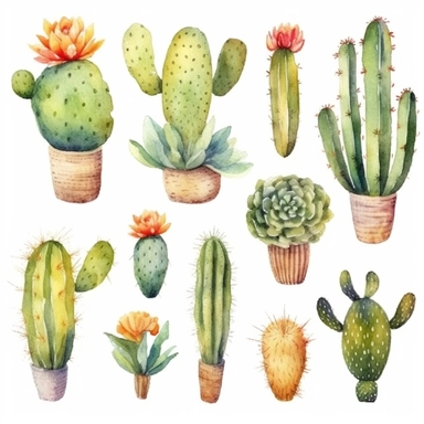 Boho Cactus Watercolor Cliparts, high definition 8k , illustration, sublimation, white background for removing background