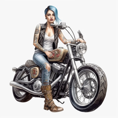 cute [Heavily tatted biker chick pixie fairy Harley davidson ] , hyper-realistic watercolor illustration, 3d, 8k high definition, highly detailed, masterpiece, clip art, white background
