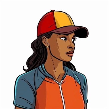 A black woman wearing a baseball cap made of eight colors, outlined clipart isolated on a white background