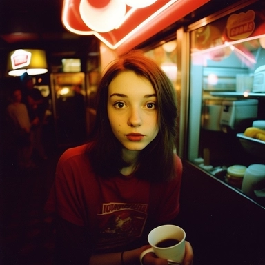 Chinese girl, 19 years old, Instagram, Chinese Instagram, Chinese, squatting pose, big eyes, in mcdonalds, eating a hamburger, mcdonalds interior, steep angle, from above, at night, darkness, scenecore, angelcore, DIY, punk style fashion, long black hair, braided strains, white bows in hair, thin girl, pale skin, clipart style tattoos, tribal face tattoo, artsy makeup, from above, closeup, macro, portrait, looking up, looking at camera, glow, small flowers on tbale, photorealistic, photography, 