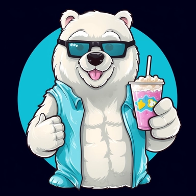 a polar bear giving a thumbs up, holding a snowcone and wearing inuit snow goggles, Clipart style cartoon