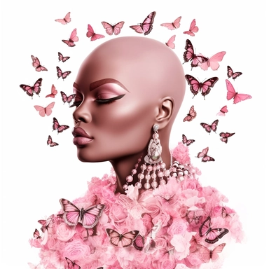 African American bald baddie, full glam, sublime, pink gems, pink diamonds, intricate, pink butterflies, clipart, white background, ar 9:16