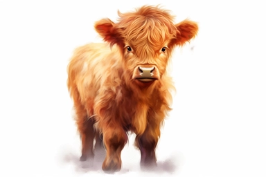 detailed watercolor illustration of a cute highland calf, clipart, plain isolated white background, 8k ultra detail high sharpness