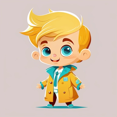 Cute happy baby boy in doctor costume clipart, lively smile, yellow hair, blue eye, cartoon children's style, sharp graphic vector art illustration, warm colors, very high details, 8k, white background