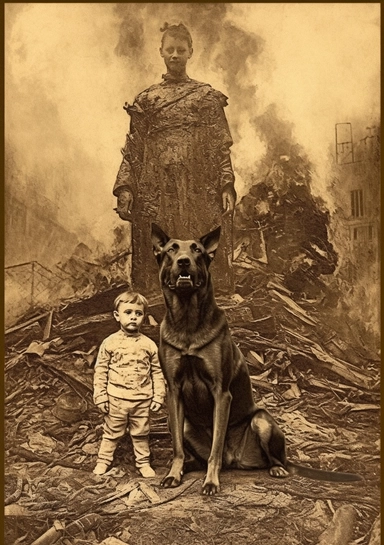 ancient myth the king of dogs by irving hicks ytst royal clip art by rick whitney, in the style of demonic photograph, 1860–1969, environmental activism, madonna and child, burned/charred, historical illustration, giant money sculptures