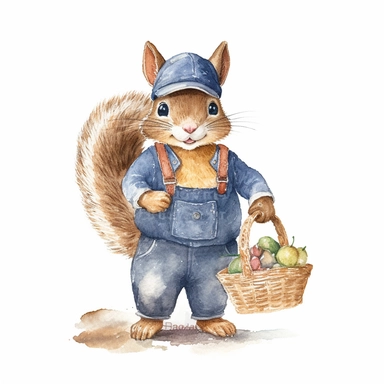 An anthropomorphic squirrel wearing a brown nut-patterned jumpsuit and a dark blue farmer's cap clipart,happy expression,Storing nuts in a little sack , standing dynamic pose, front side view, in the style of watercolor cartoon clipart, beatrix potter style, pixar style, high resolution, composition free space, pastel color scheme, soft and tender, watercolour clipart, watercolor illlustration for kids and children,isolated white background, clipart most popular on etsy, book illustration, featu
