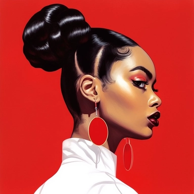 beautiful black woman facing forward , wavy hair in a ponytail with white Pearl hair clips on the side of hair slicked down, beautiful earrings, red lipstick, red circle behind her , niji art painting drawing illustration - Variations by <@1104832257438519377> (fast) - Image #2 <@1104832257438519377>