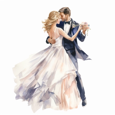 bride and groom dancing at a wedding, detailed watercolor illustration, clipart, plain isolated white background, 8k ultra detail high sharpness