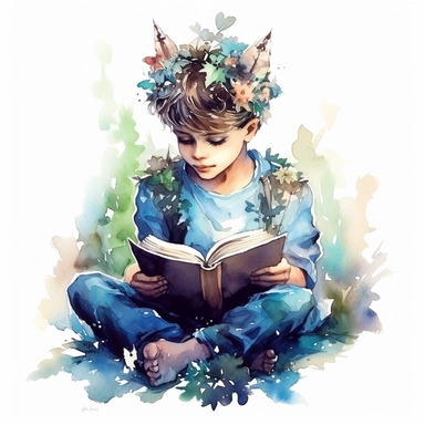 beautiful boy reading Fantasy book , clipart watercolor