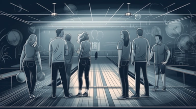 Illustration of relaxed people, Scandinavian men and women in their 40's smiling, concept art, clipart, wearing black hoodies, wearing jeans, full body shot, standing in a bowling lane, BRIGHT bowling alley background, hand drawing, drawn with lines, out of focus bowling alley background, pen drawing, simple lighting, magazine cover, 80mm, 8k, hdr