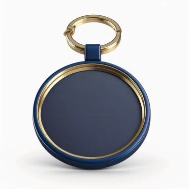 empty dark blue keychain circle form with metallic frame, mockup 3D render, white background, professional clipart mock up design, no watermarks