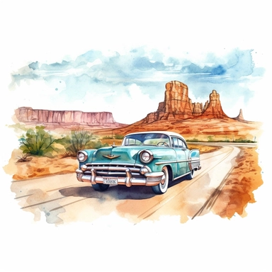 A drive along the iconic Route 66, with a vintage convertible cruising through the scenic landscapes of the American Southwest, american style, watercolor, clipart